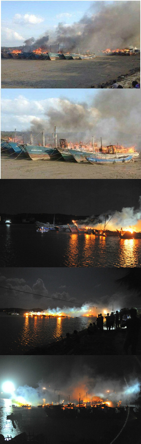 福建莆田湄洲島20多艘漁船著火 火燒連營6個多小時