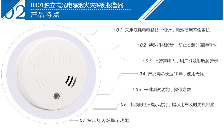0301獨(dú)立式光電感煙火災(zāi)探測(cè)報(bào)警器產(chǎn)品特點(diǎn)