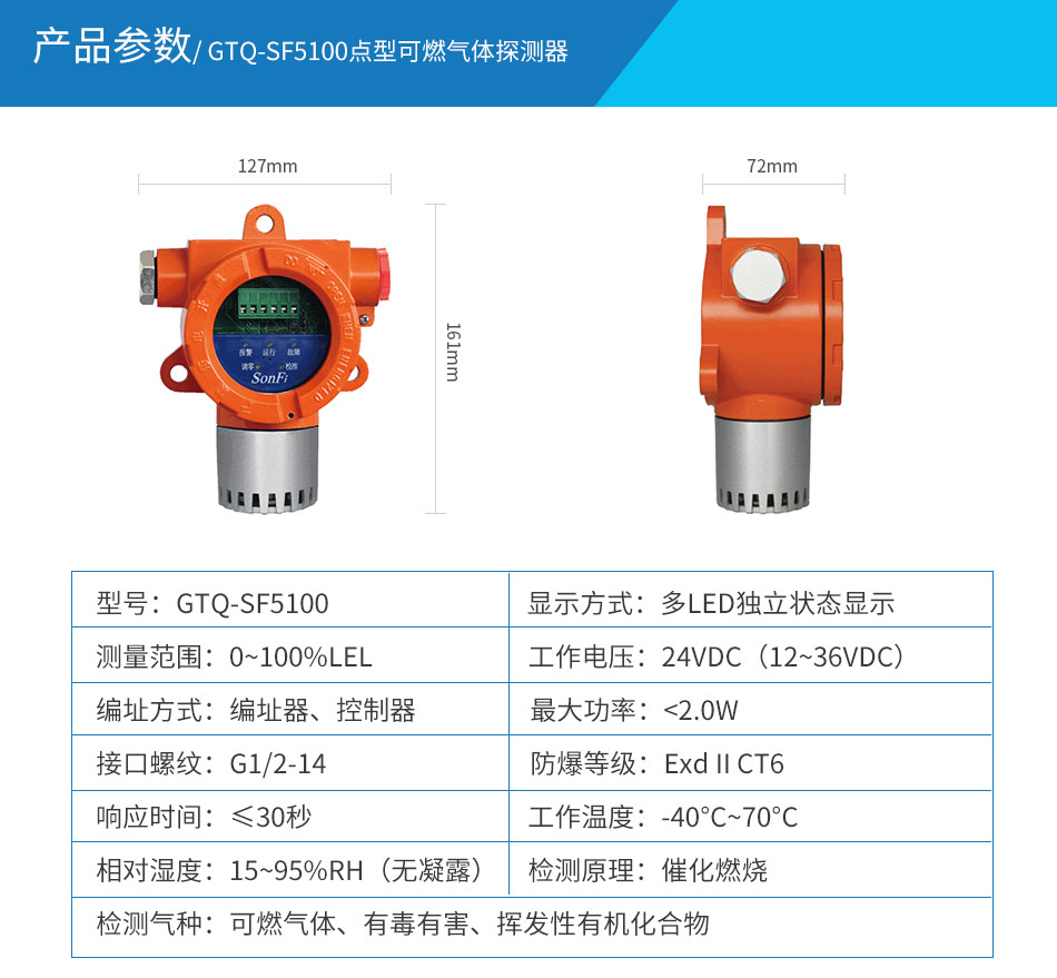 GTQ-SF5100點(diǎn)型可燃?xì)怏w探測器參數(shù)