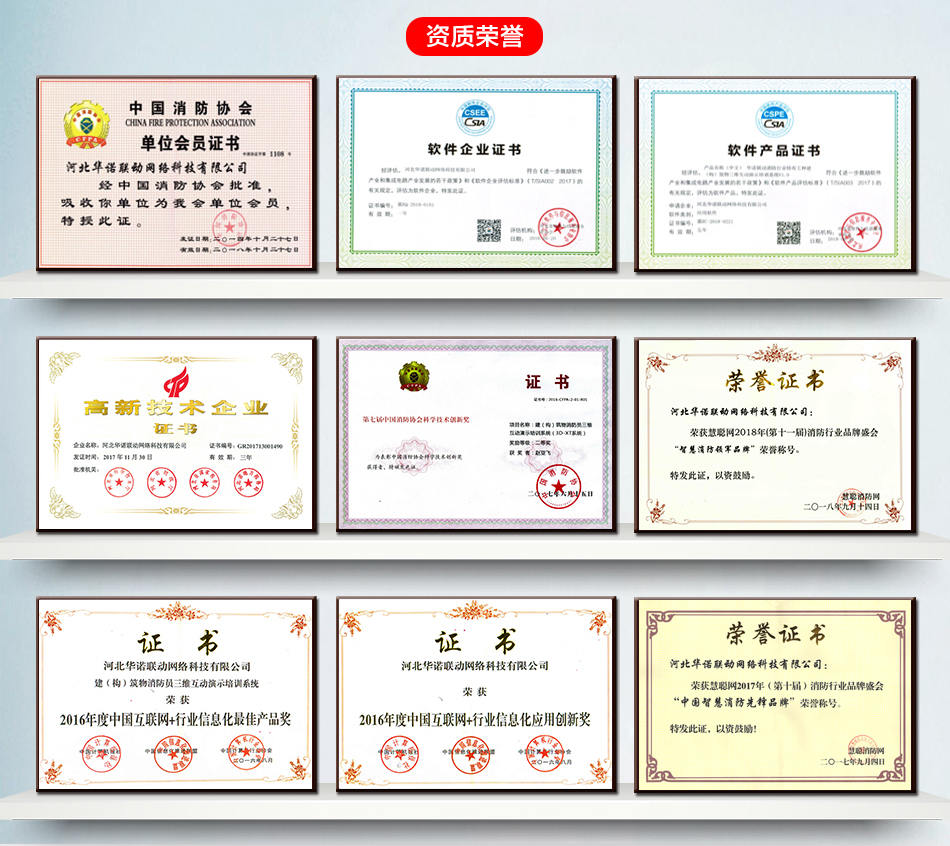 消防安全“四個能力”三維互動培訓(xùn)系統(tǒng)榮譽(yù)資質(zhì)