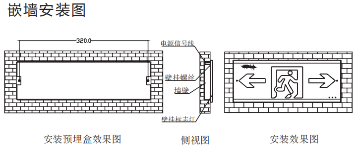 應(yīng)急照明疏散標(biāo)志指示燈-超薄拉絲鋁嵌墻安裝示意圖