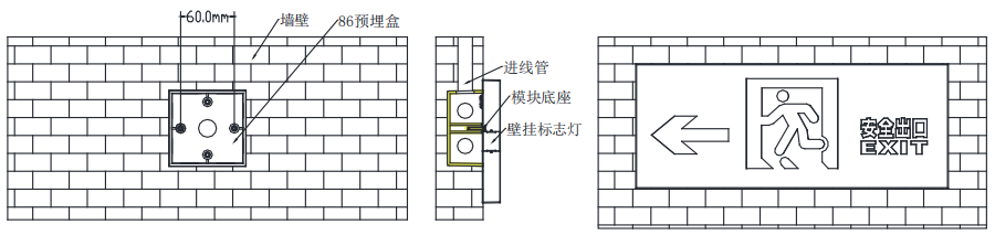 玻璃壁掛應急照明疏散標志指示燈安裝示意圖