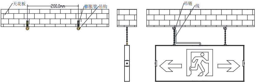 不銹鋼吊裝應(yīng)急照明疏散標(biāo)志指示燈安裝示意圖
