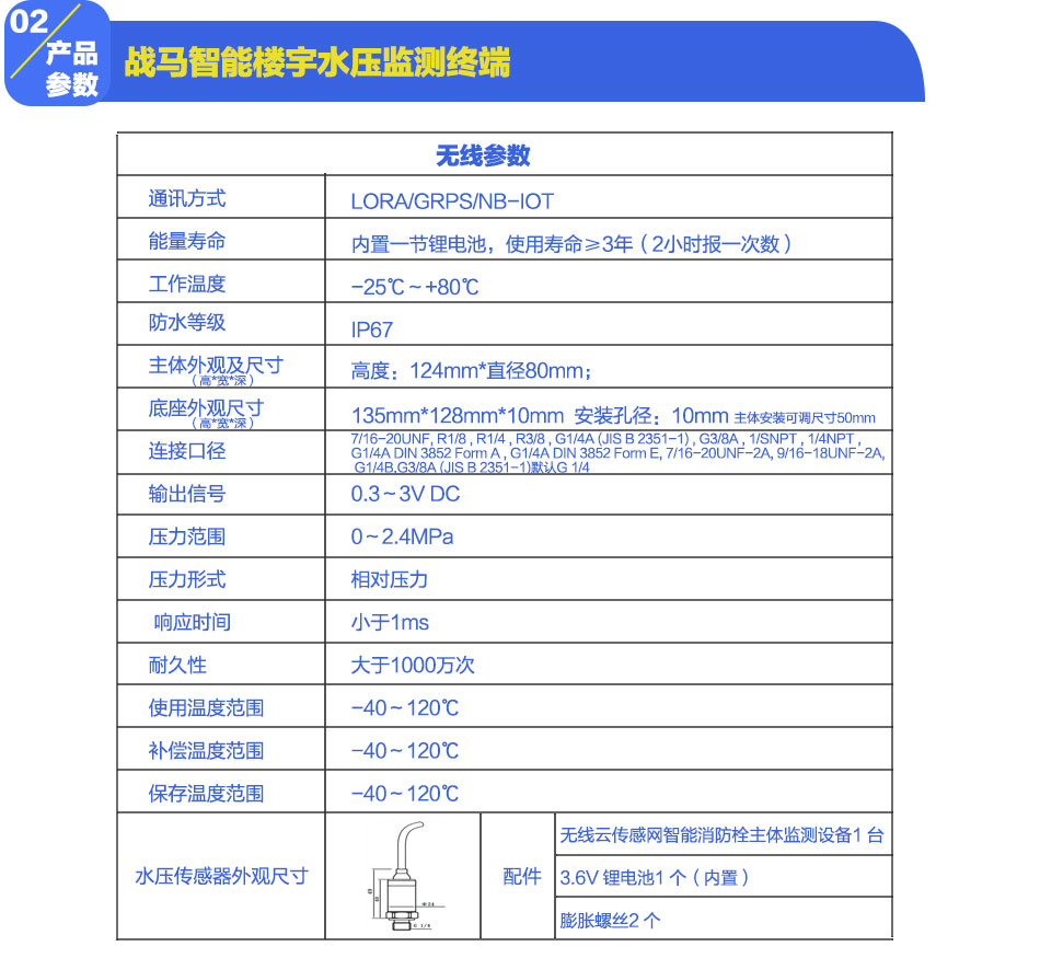 戰(zhàn)馬智能樓宇水壓監(jiān)測(cè)終端產(chǎn)品參數(shù)