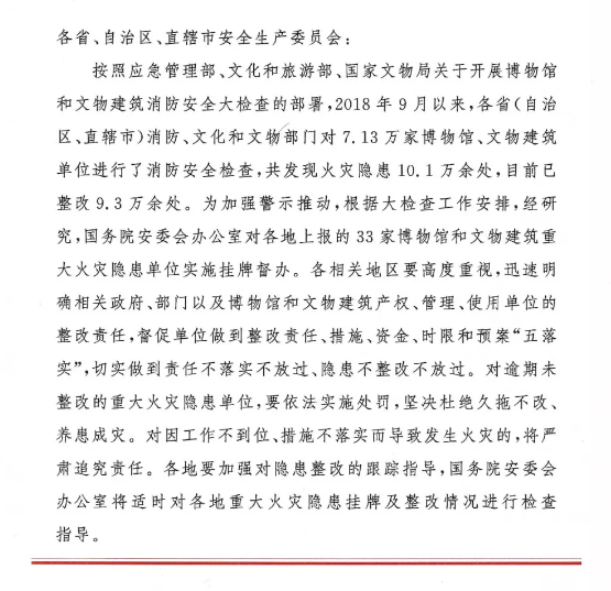 國務(wù)院安委會辦公室關(guān)于掛牌督辦博物館和文物建筑重大隱患單位的通知