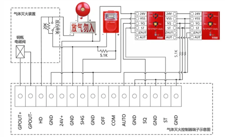 LD5503EN、LD5506EN氣體滅火控制器、LD5505EN中繼模塊接線圖