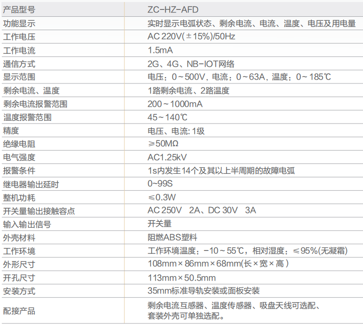 ZC-HZ-AFD故障電弧探測器技術參數