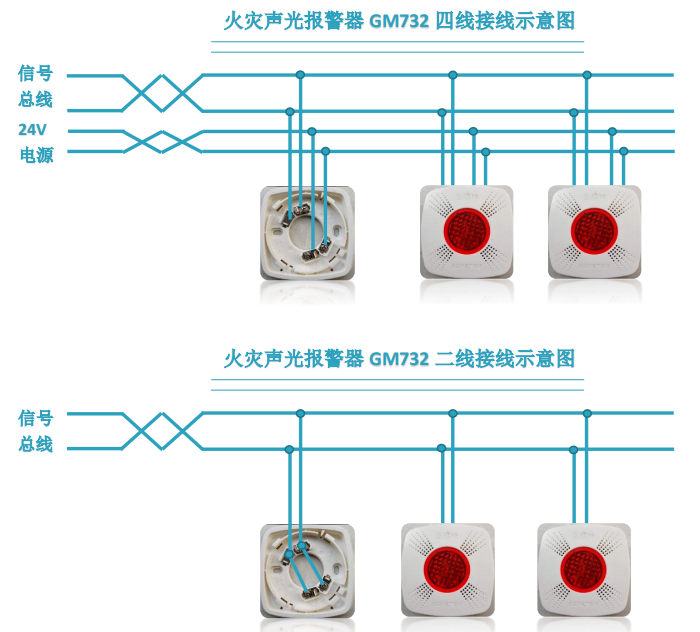 火災(zāi)聲光報(bào)警器 GM732 四線接線示意圖