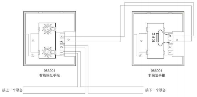 986201型智能手動火災報警按鈕帶非編碼手報接線圖