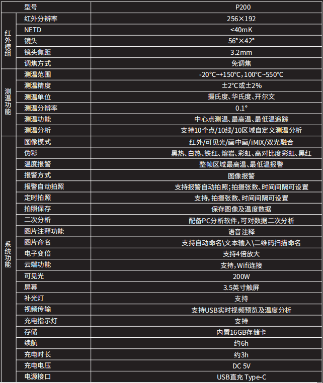 天權P200口袋式熱像儀技術參數(shù)