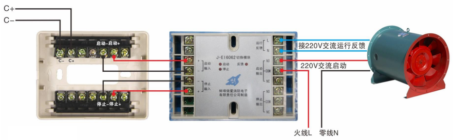 依愛EI6046和EI6062多線模塊控制接線圖-多線模塊控制泵或風機的220V交流啟動接線圖