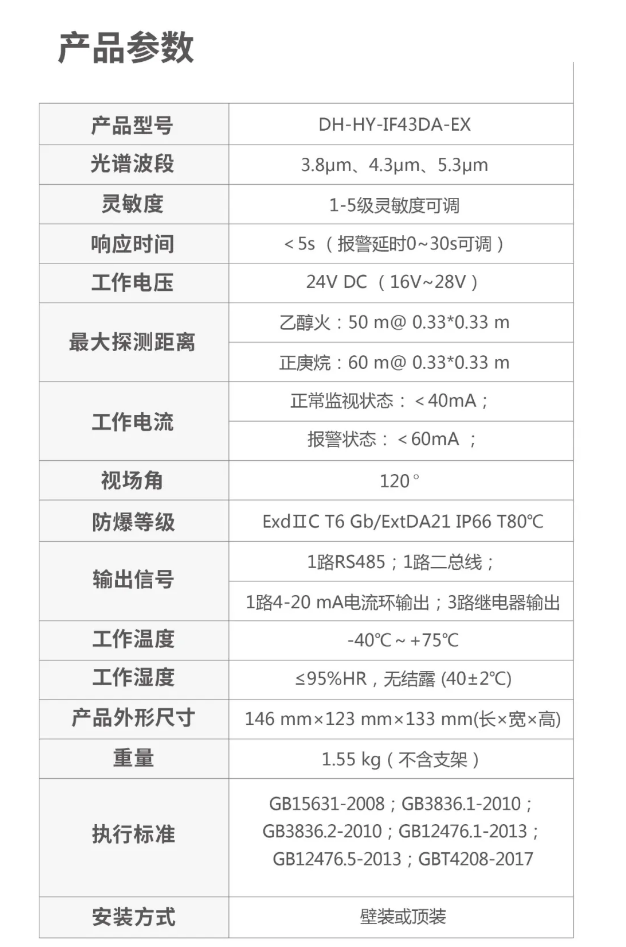 DH-HY-IF43DA-EX點型紅外火焰探測器技術(shù)參數(shù)