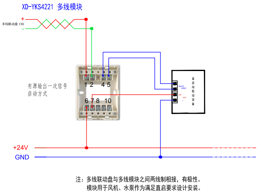 XD-YS4221多線模塊有源輸出一次信號啟動方式接線圖