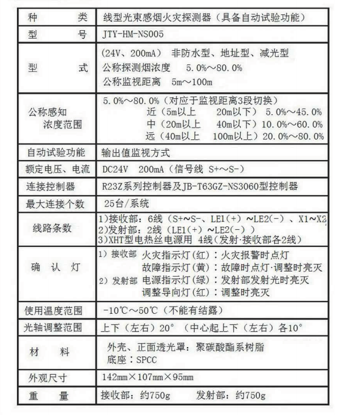 JTY-HM-NS005線型光束感煙火災(zāi)探測器技術(shù)參數(shù)