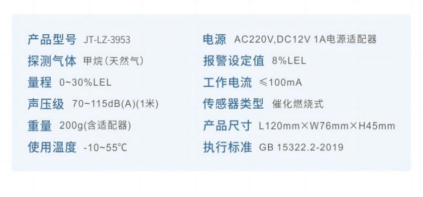 JT-LZ-3953家用可燃?xì)怏w探測器產(chǎn)品參數(shù)