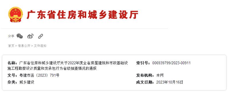 廣東省住房和城鄉(xiāng)建設(shè)廳關(guān)于2022年度全省房屋建筑和市政基礎(chǔ)設(shè)施工程勘察設(shè)計質(zhì)量和發(fā)承包行為省級抽查情況的通報