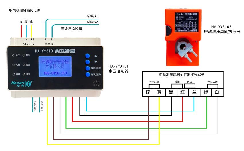 HA-YY3101余壓控制器與HA-YY3103風(fēng)閥執(zhí)行器接線圖