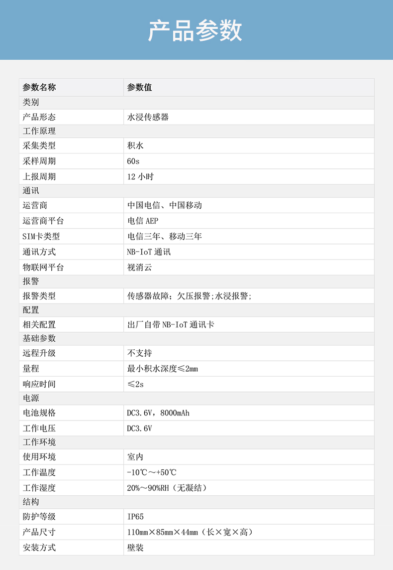 DH-HY-WI2NA（NB電信版）NB水浸傳感器技術(shù)參數(shù)