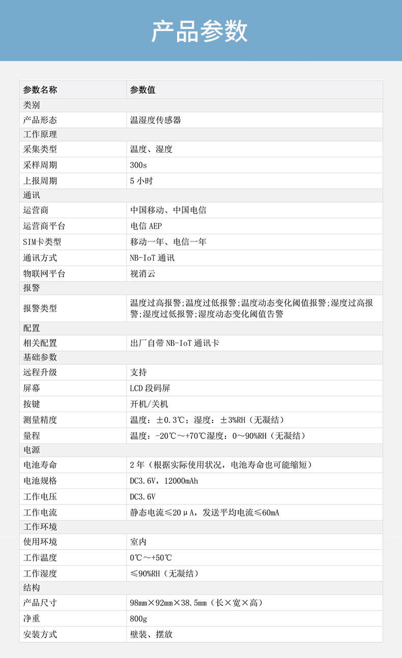 DH-HY-TH3NC-A NB溫濕度傳感器（NB電信版）技術(shù)參數(shù)