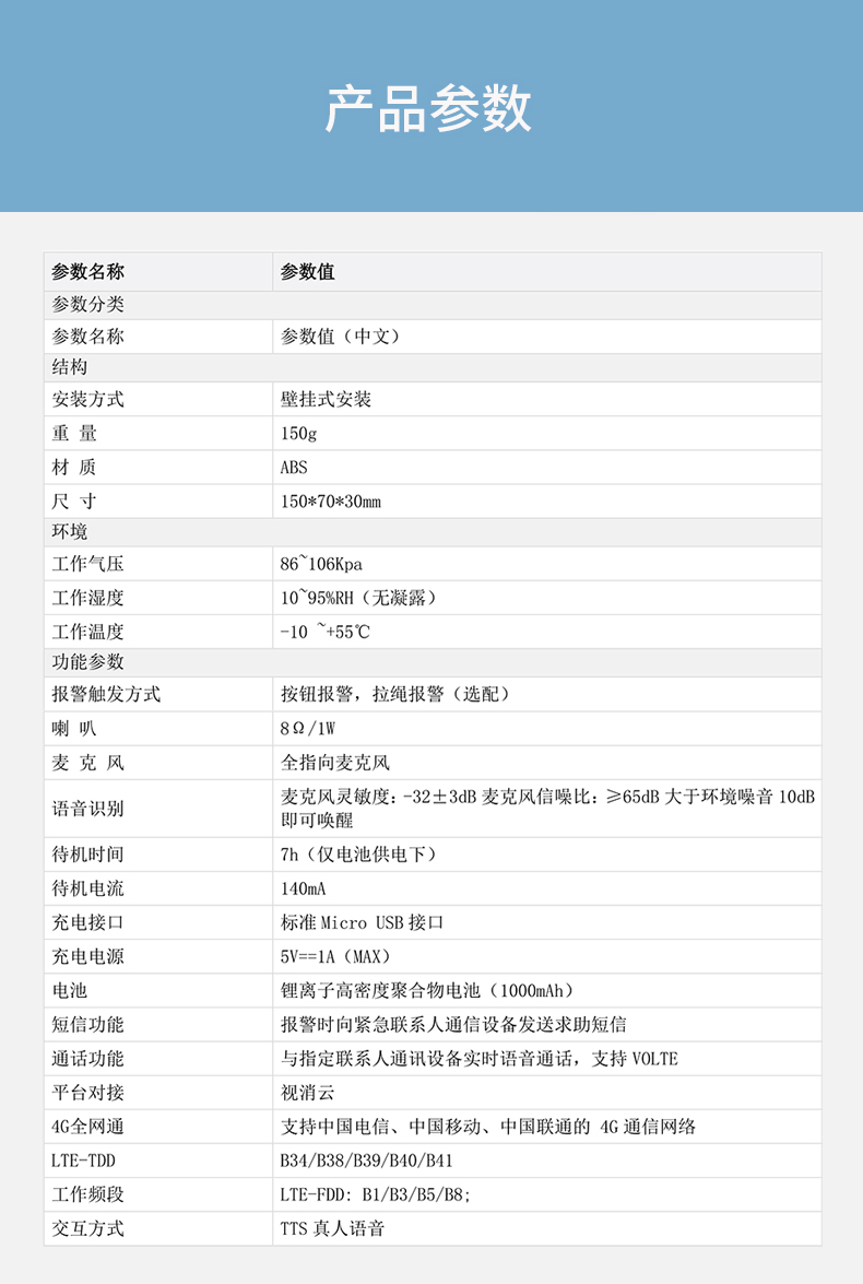 DH-HY-MA2GA-A 一鍵緊急報(bào)警器（4G版本）技術(shù)參數(shù)