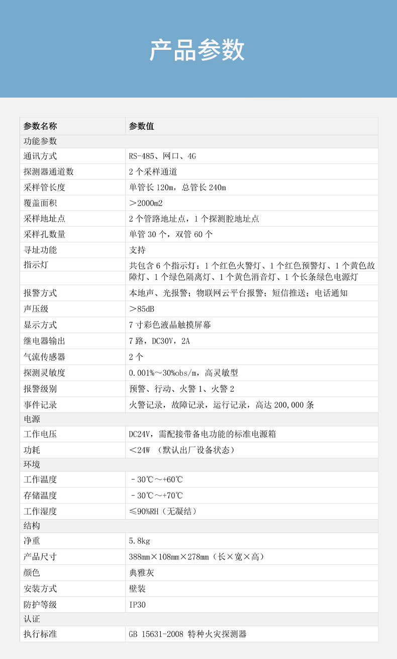 云霧型吸氣式感煙火災(zāi)探測(cè)器DH-HY-CCD420B（雙管）技術(shù)參數(shù)
