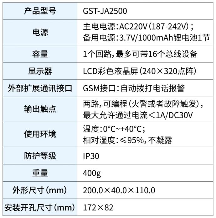GST-JA2500家用火災(zāi)報(bào)警控制器技術(shù)參數(shù)
