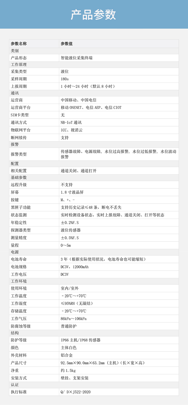 DH-HY-WSM20NB-L一體式智能液位采集終端技術(shù)參數(shù)