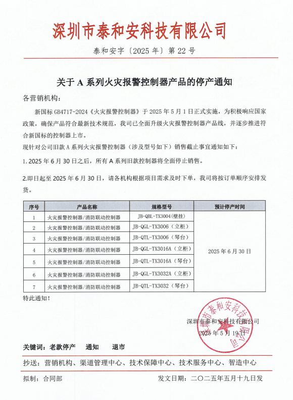 泰和安關(guān)于A系列火災(zāi)報(bào)警控制器產(chǎn)品的停產(chǎn)通知